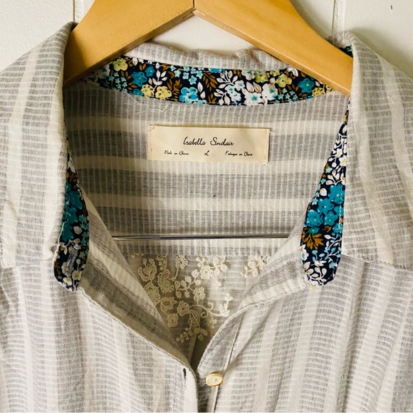 🔥🔥🔥Anthropologie Isabella Sinclair Button Down Lace Inset Split Back Top L - Picture 7 of 10